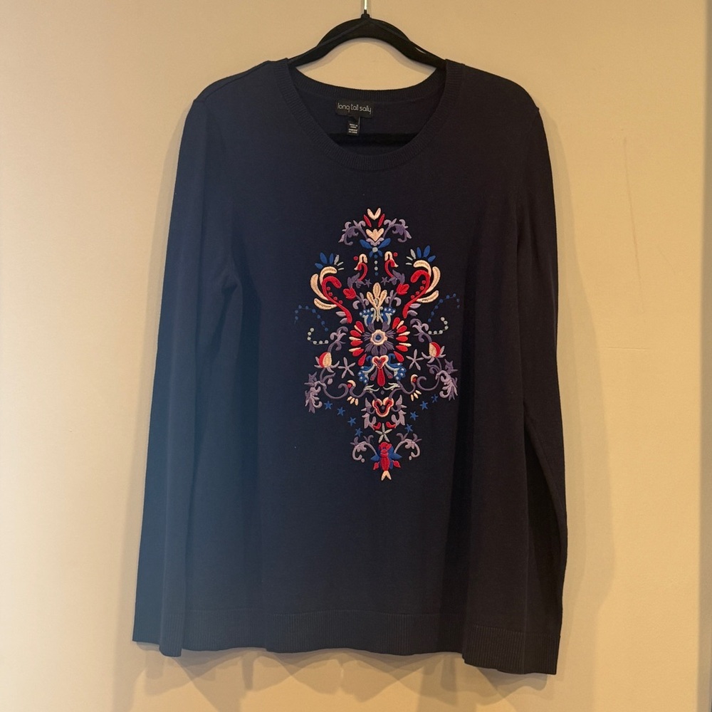 Long Tall Sally Sweater Jumper Women’s  Embroidered Flower Navy Blue Large Tall